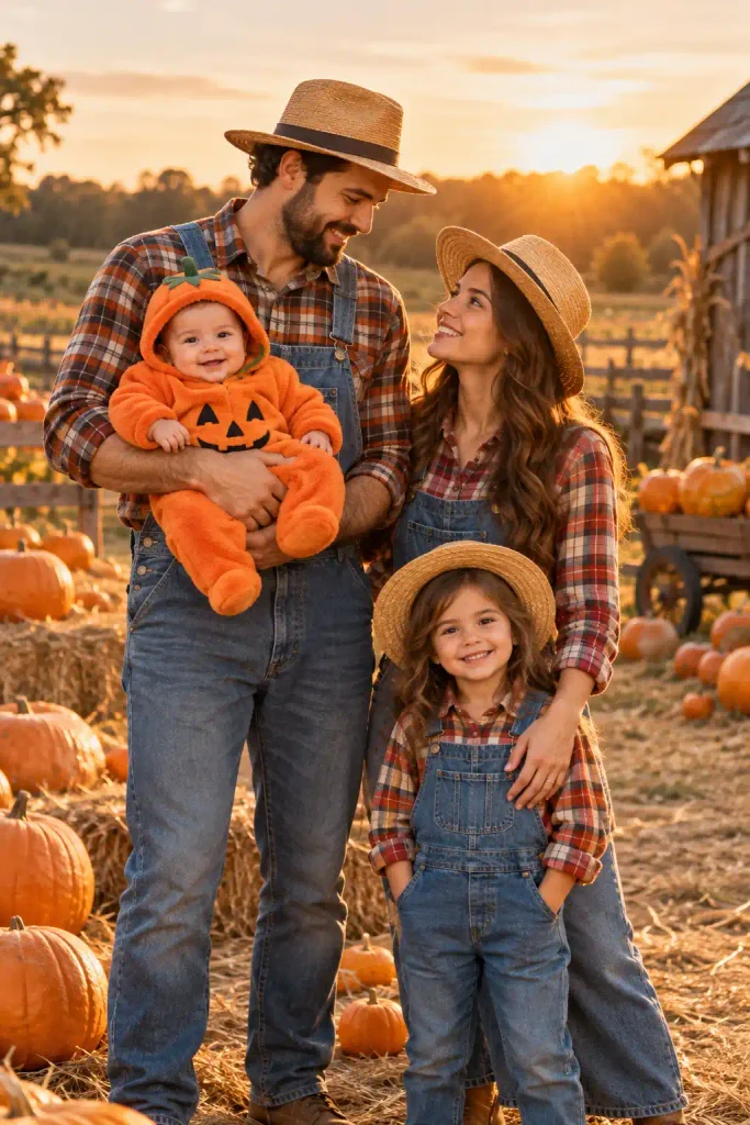 Farm Family Costume With Baby in a Pumpkin Bunting
