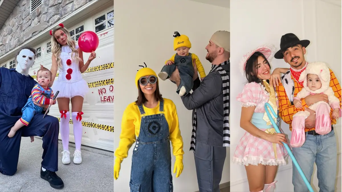 Family of 3 halloween costumes with a baby, mom and dad in matching looks