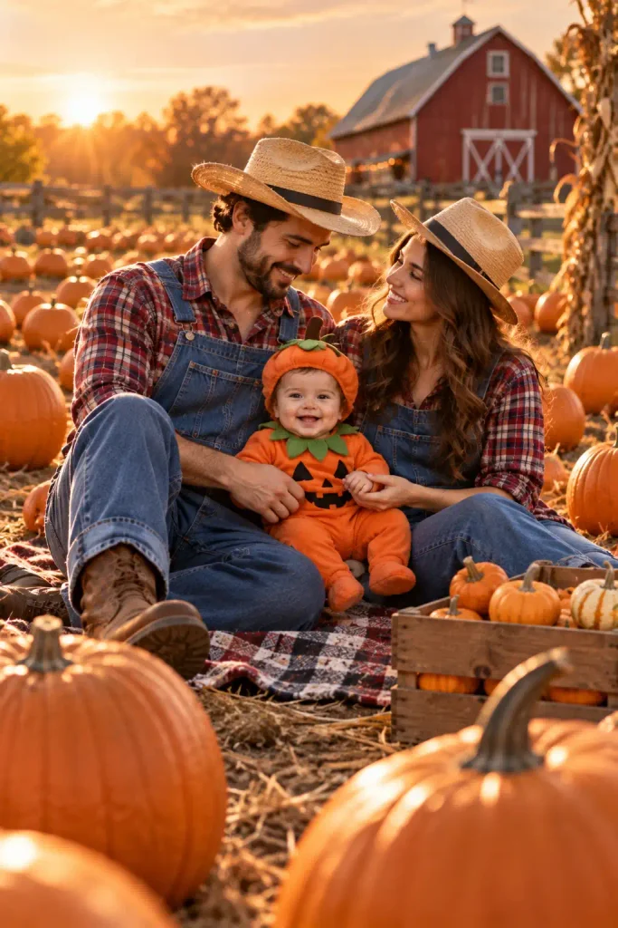 Pumpkin Patch Family With Two Farmers and a Baby Pumpkin