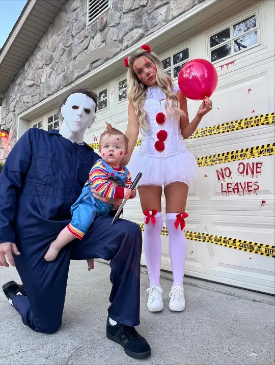 Family of 3 Halloween Costumes: A Horror Movie Trio With Michael Myers, Pennywise and Baby Chucky