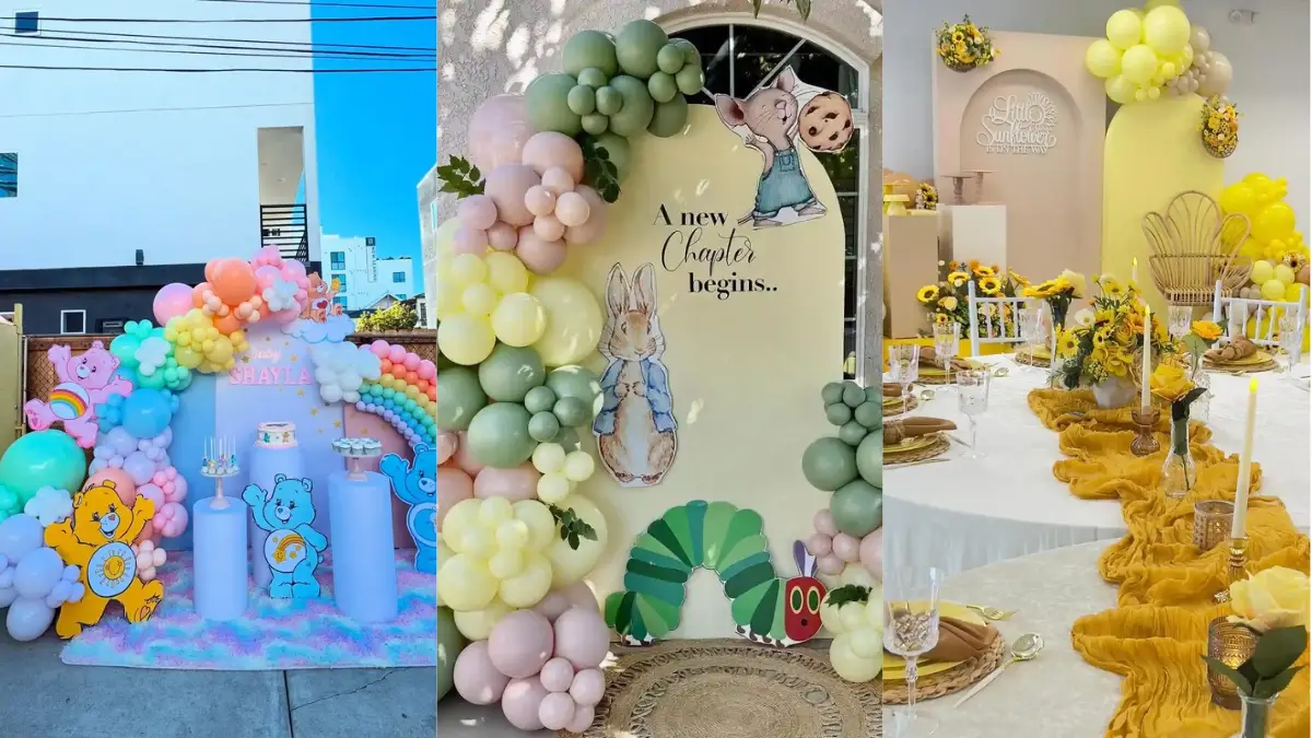 Baby shower themes for girls beyond pink, with colorful balloon and floral setups