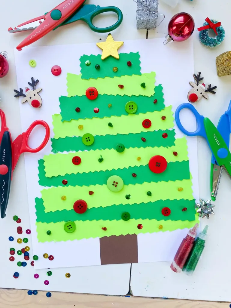 Zigzag paper christmas tree in two shades of green with buttons, sequins and a gold star