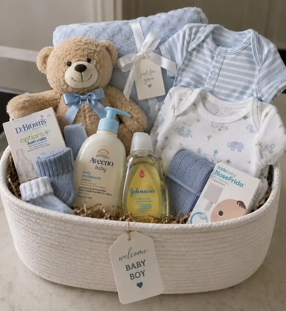 Gifts for new moms: rope basket of night shift baby basics with baby lotion, head to toe wash, a NoseFrida box, a Dr. Brown's anti-colic bottle set, soft socks and two blue cloths