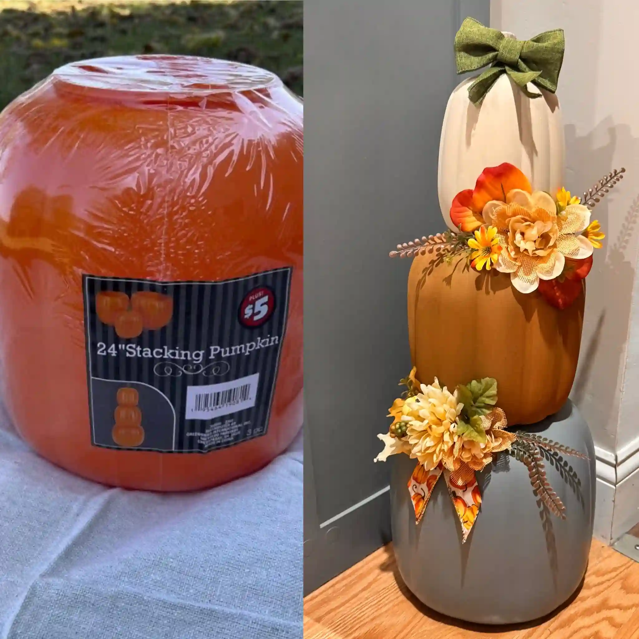 Before and after of a $5 three piece orange stacking pumpkin set painted cream, terracotta and gray blue, stacked with fall flowers, sprigs, a pumpkin print ribbon and a green bow