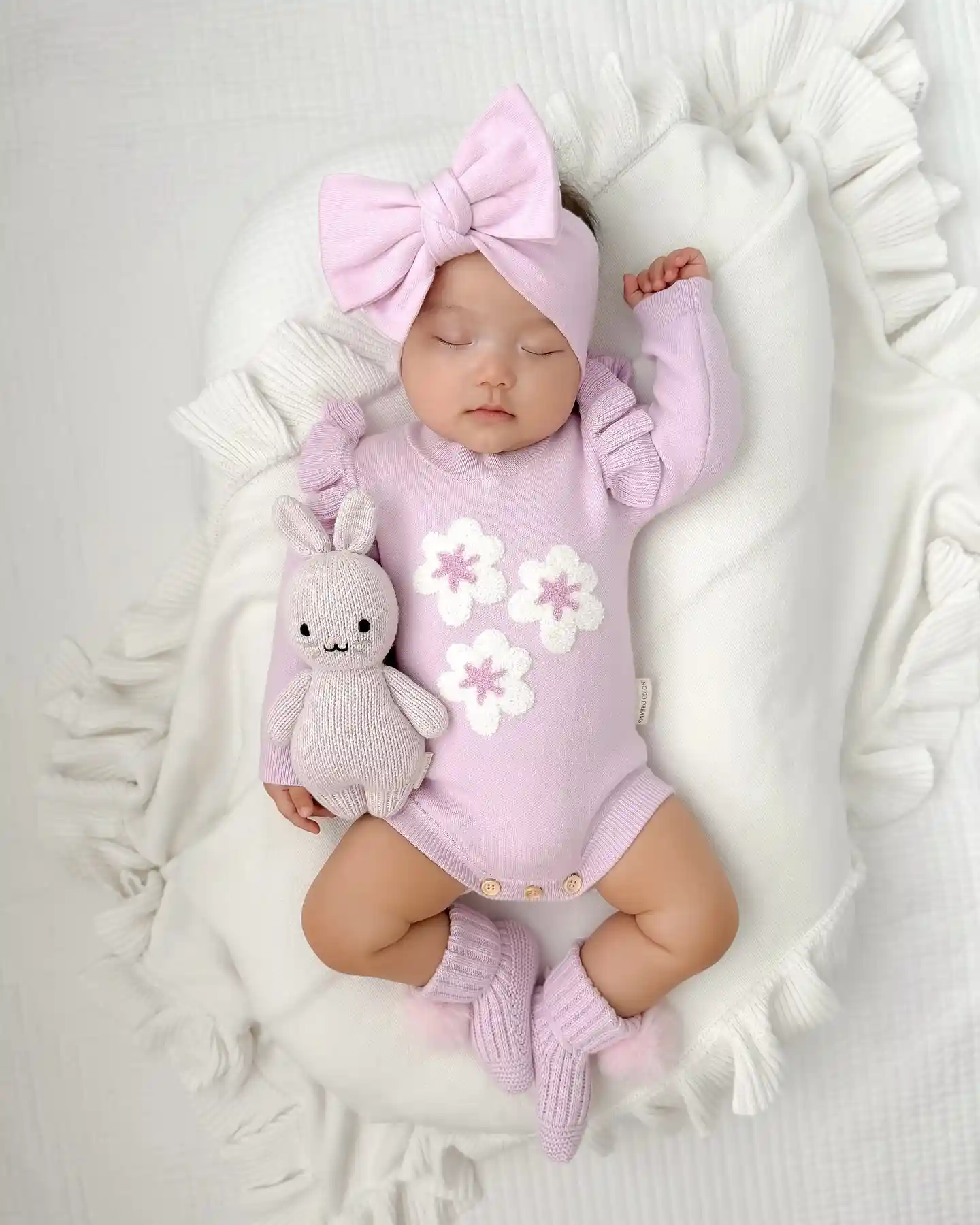 Sleeping baby in a lilac knit romper with a bow headband and a stuffed bunny