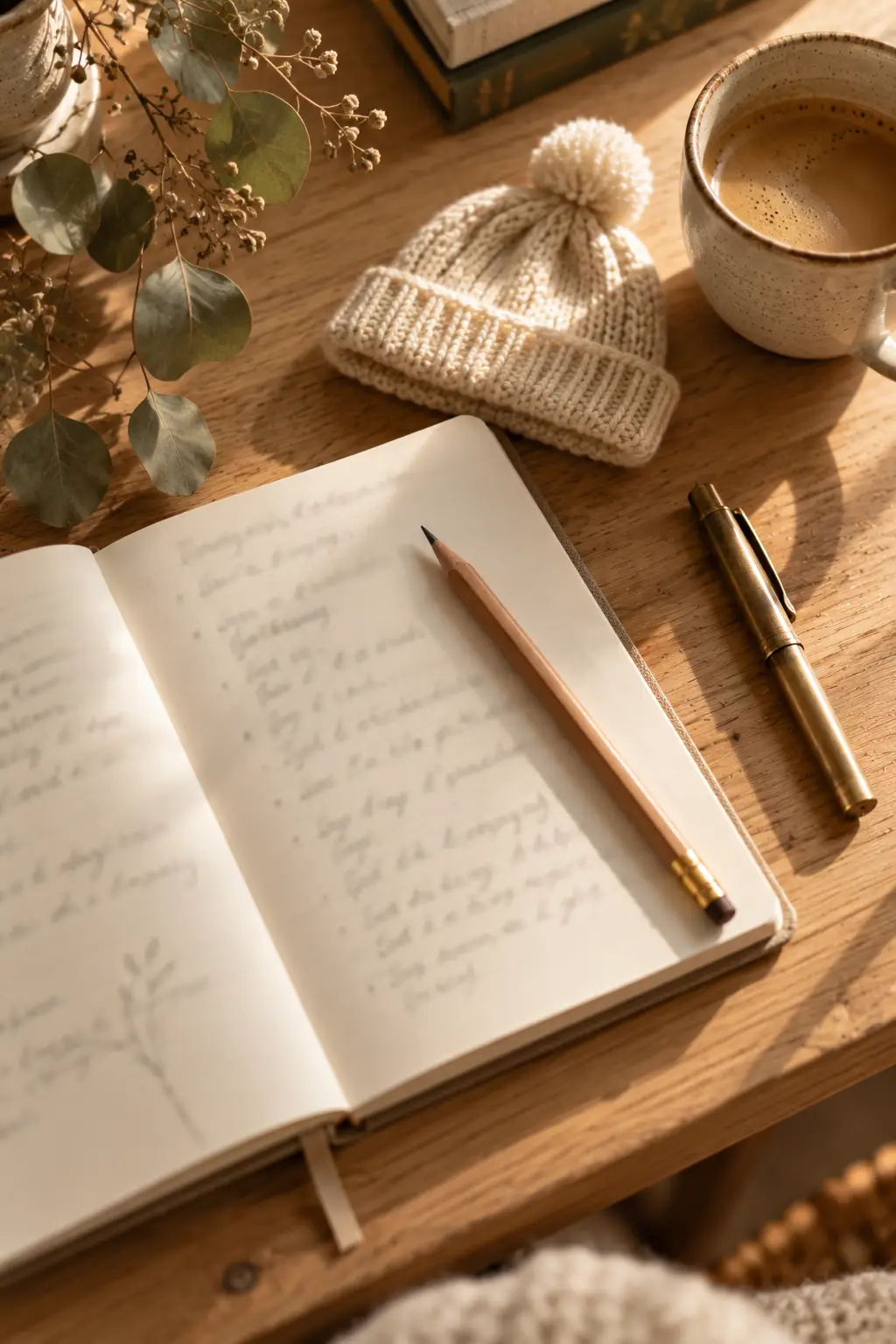 Open notebook, pencil and a knitted baby hat on a wooden desk