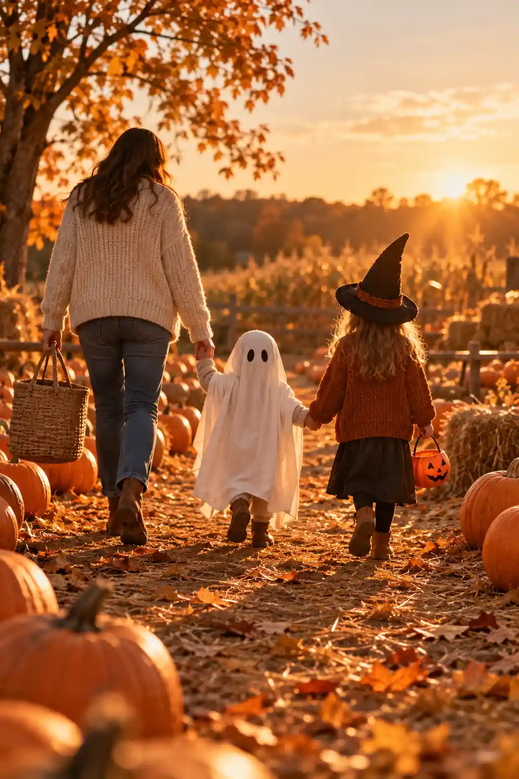Family walking through a pumpkin patch at sunset, one child dressed as a ghost