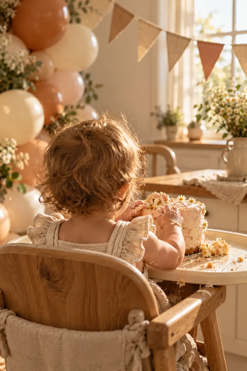 Toddler seen from behind in a high chair with both hands in a smash cake