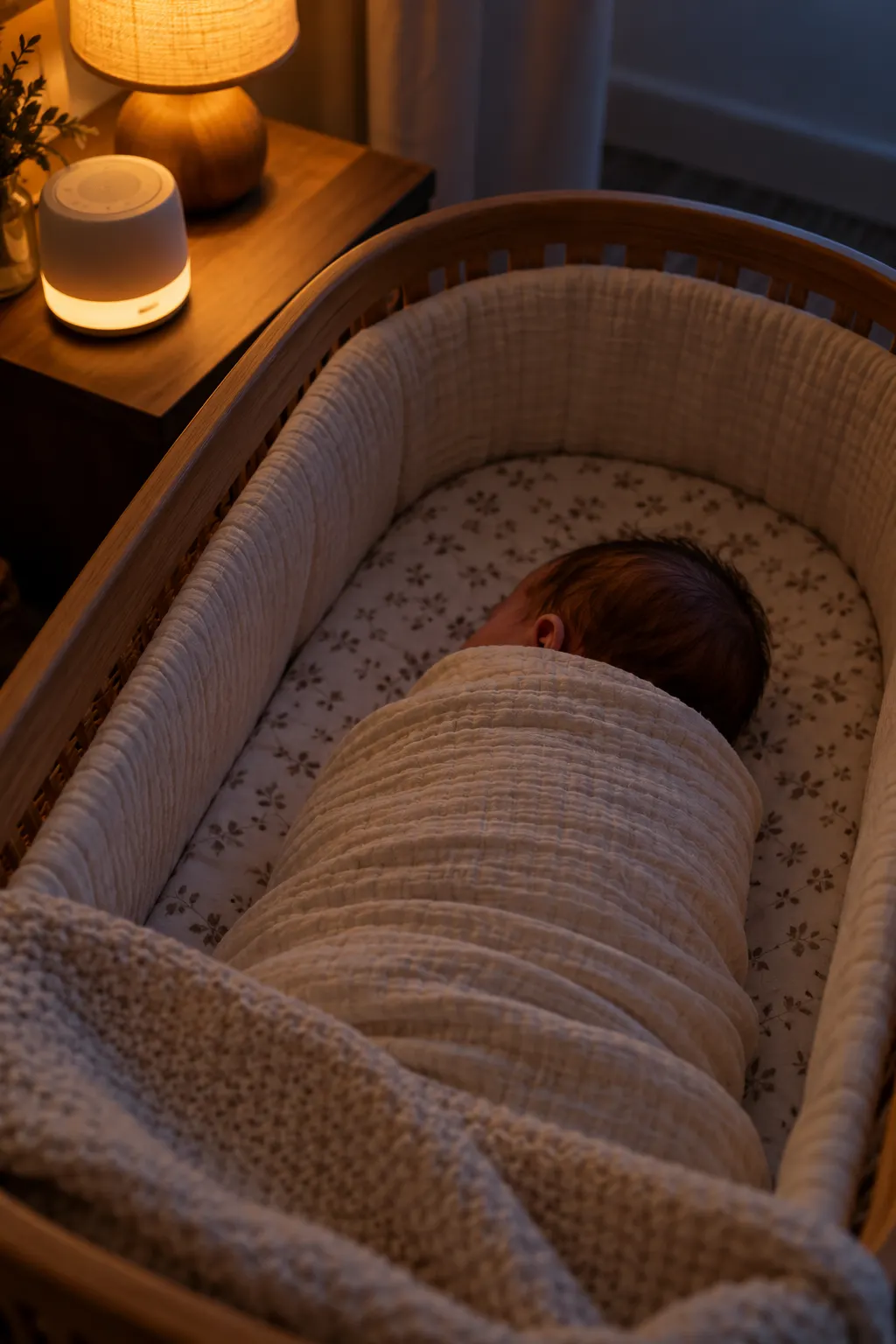Swaddled newborn asleep in a bassinet beside a softly glowing lamp