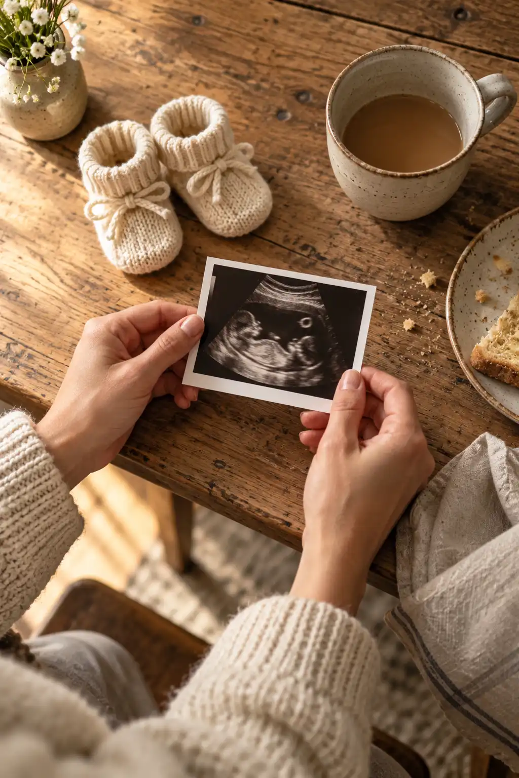 Hands holding an ultrasound print beside knitted baby booties and a mug of tea