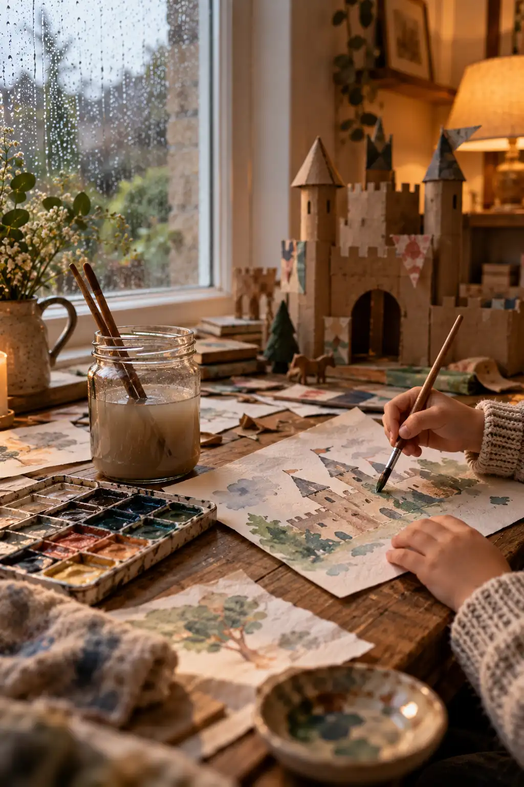 Child painting a watercolour castle at a table beside a rain-streaked window