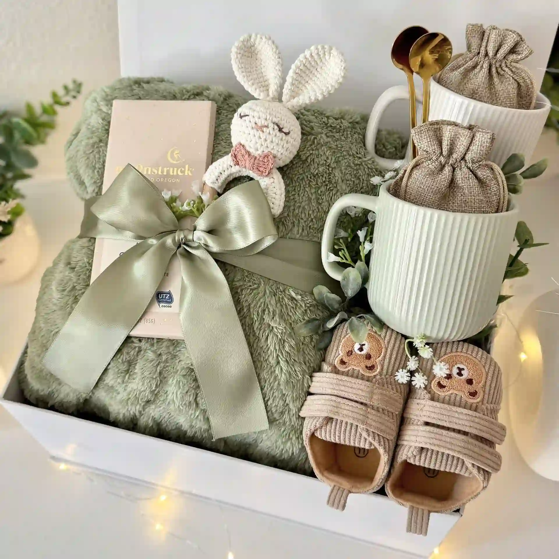 Gift box with a sage fleece blanket wrapped in satin ribbon, a chocolate bar, a ribbed mug holding a small pouch, a crochet bunny rattle and corduroy baby shoes with bear patches