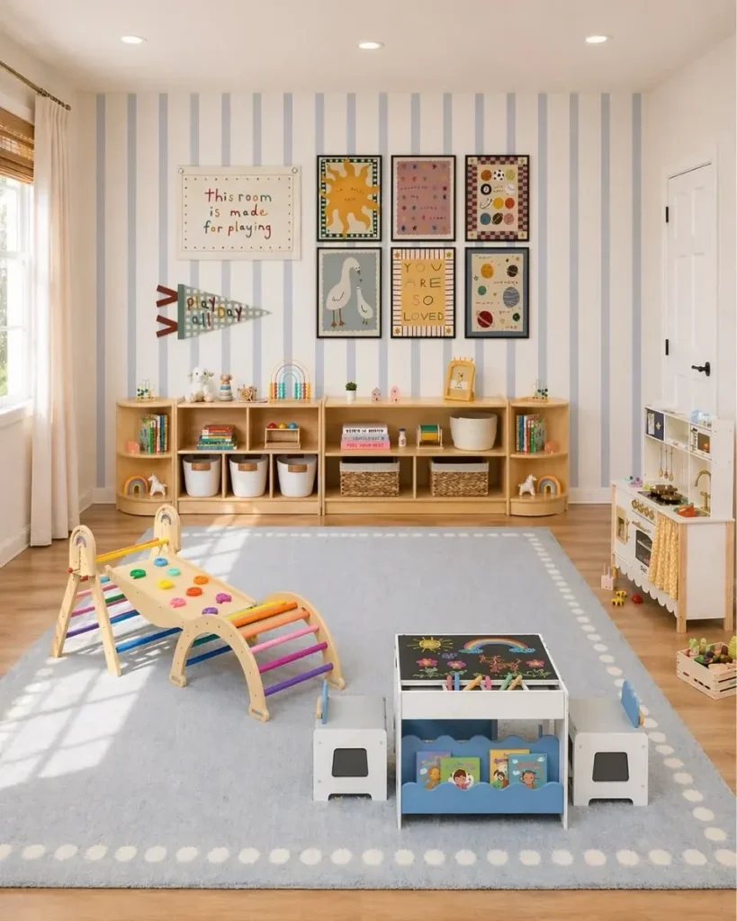Playroom ideas for kids: playroom with a long low wooden shelf under a striped wall holding white fabric bins, woven baskets and front facing picture books above a big rug