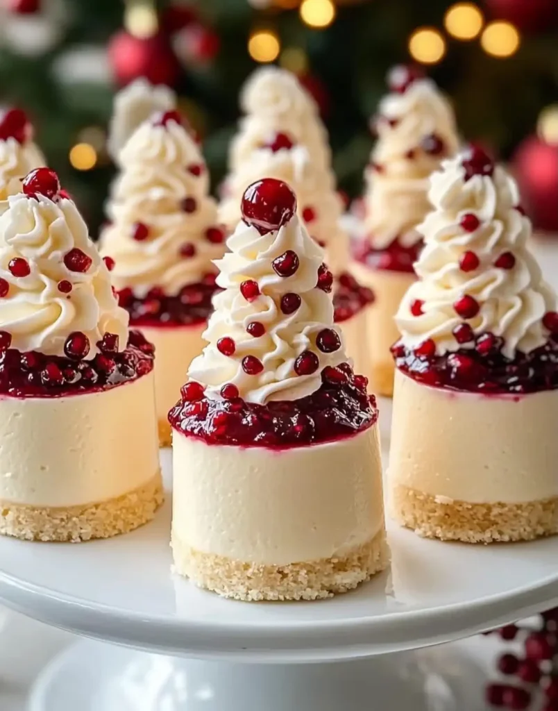 Christmas dessert ideas: mini cheesecake cups on a white cake stand topped with piped whipped cream trees, berries and glossy cranberry sauce
