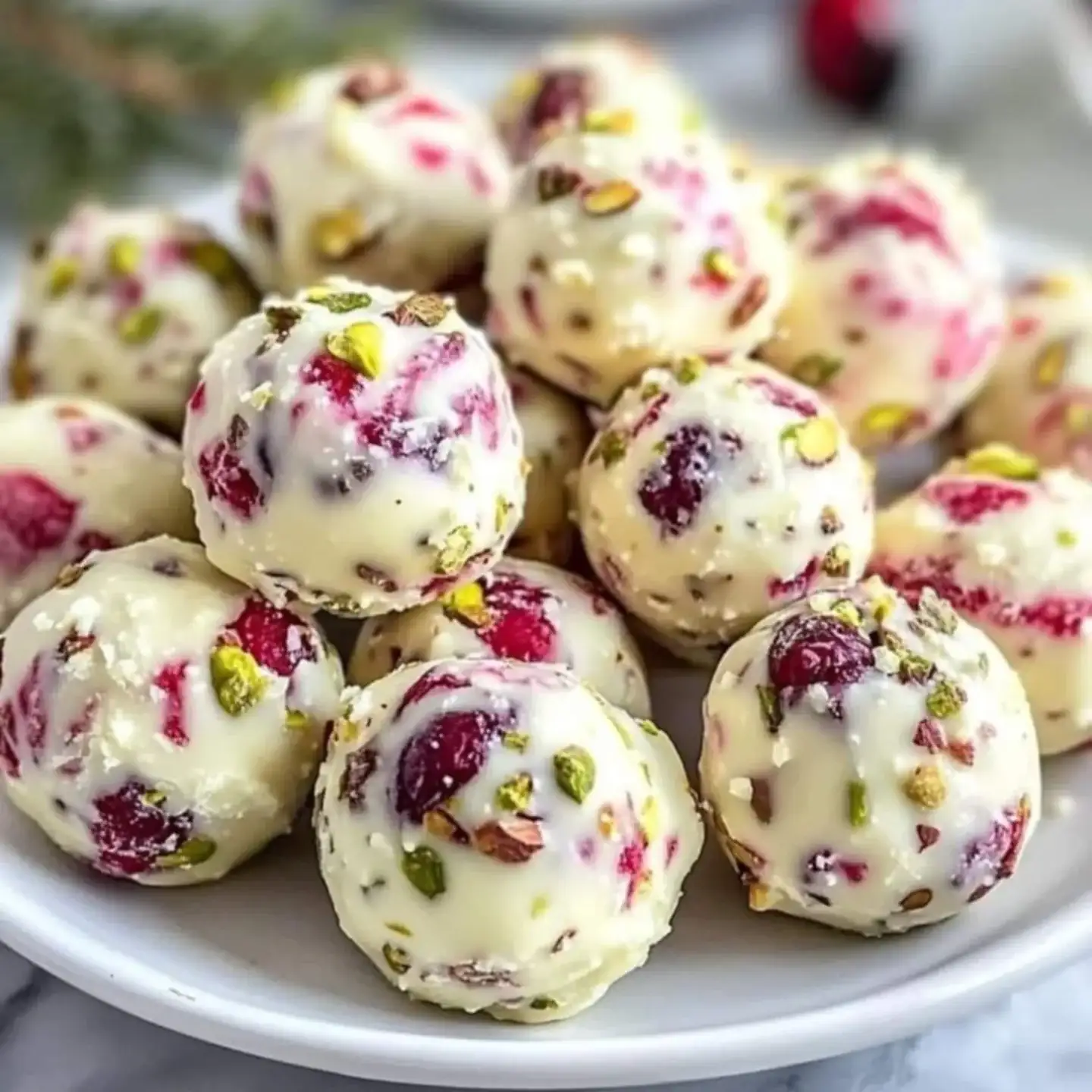 Pile of round white chocolate truffles flecked with dried cranberries and chopped pistachios on a plain white plate