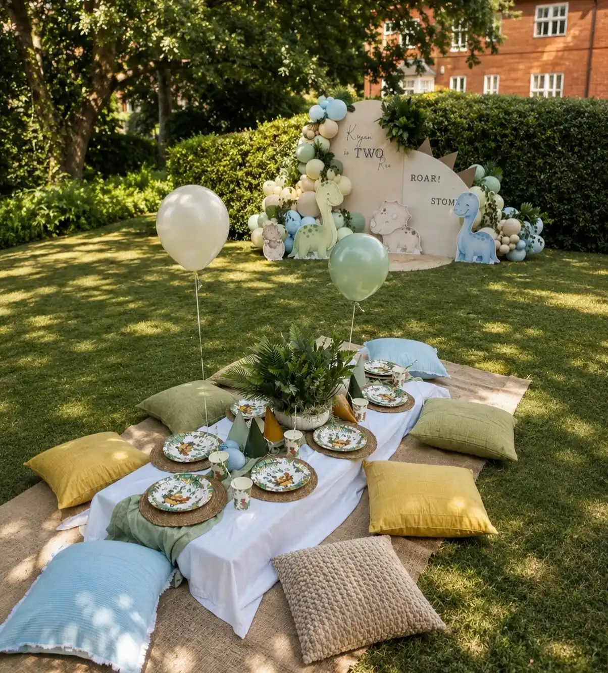 Low table with a white tablecloth on a natural fiber mat on the lawn with mustard, olive and sky blue cushions, dinosaur print plates on woven placemats, a fern and a curved cream backdrop with long neck cutouts in front of a hedge