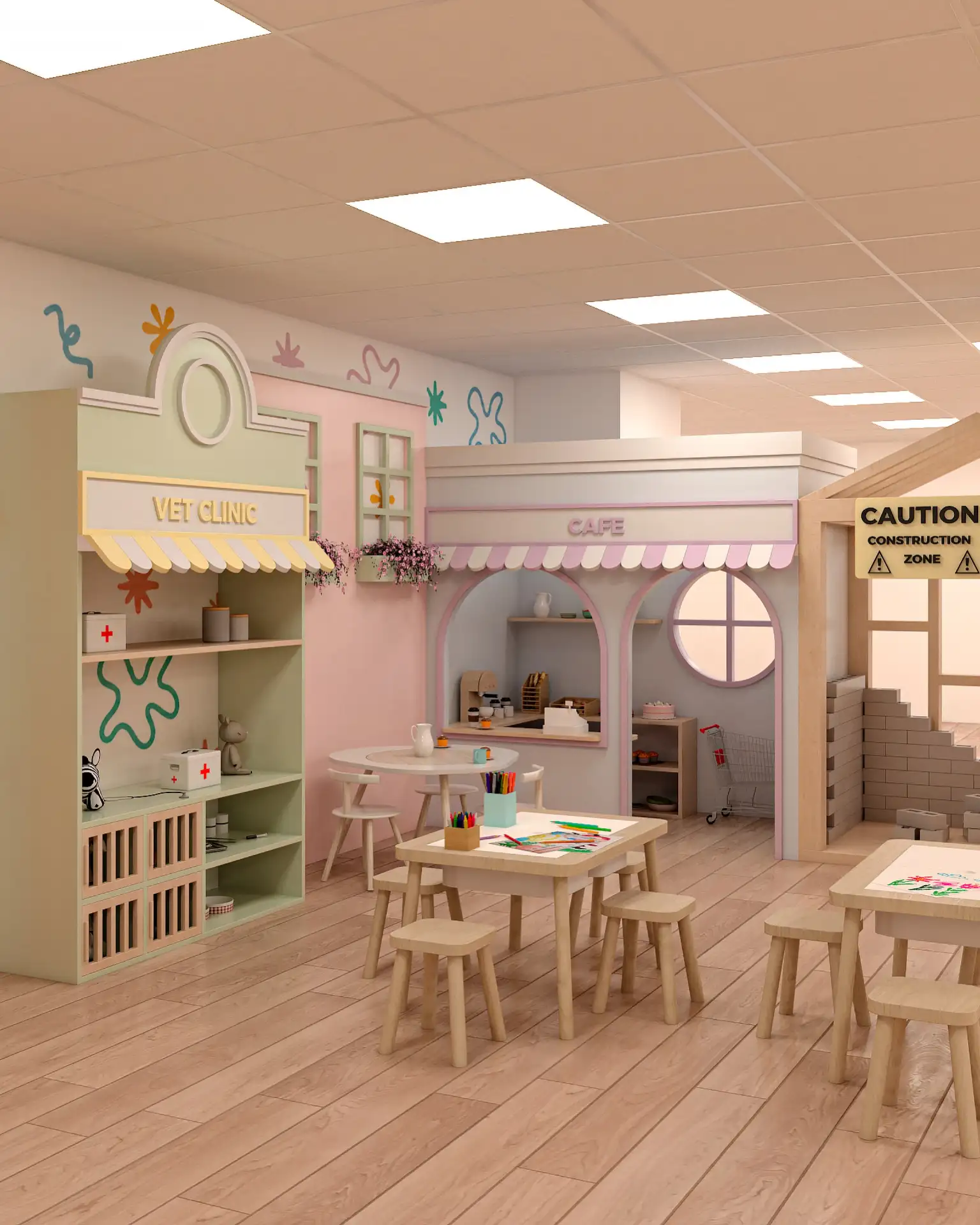 Playroom with three mini shops, a vet clinic, a cafe and a construction zone, each with its own shelves, plus two craft tables with stools in the middle