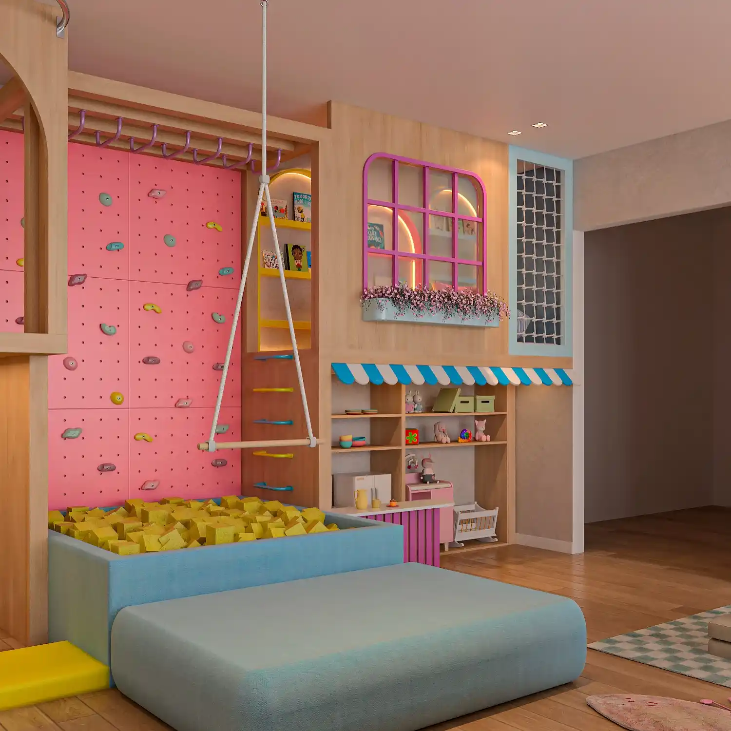 Playroom corner with a pink climbing wall, trapeze swing and foam block pit beside open cubbies under a striped awning and a soft blue mat