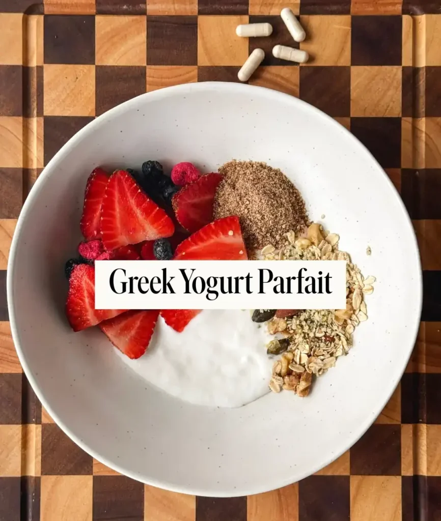 White bowl of Greek yogurt topped with sliced strawberries, ground flaxseed, hemp seeds, oats and chopped nuts on a checkered wooden board