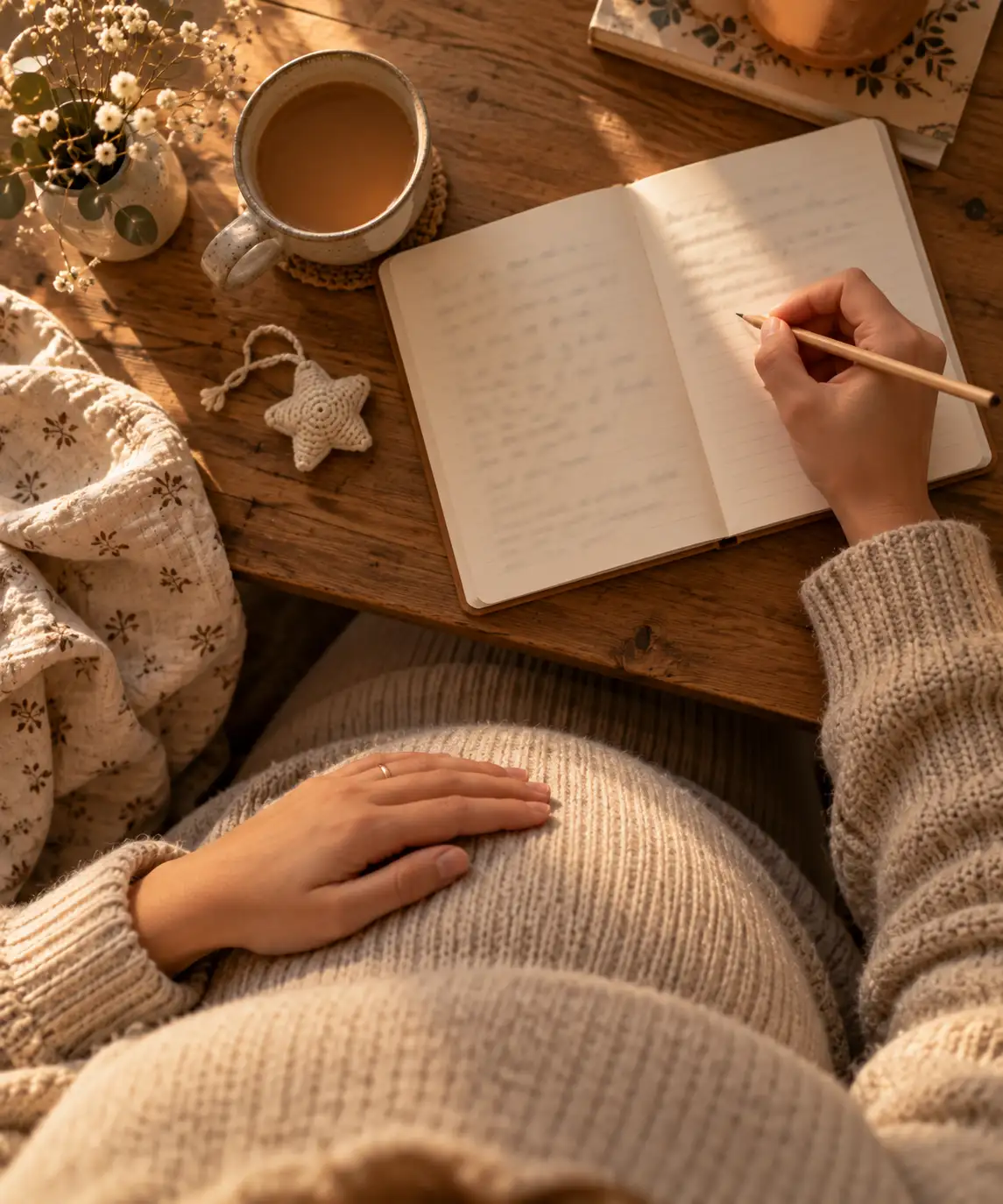 Pregnant person writing names in a notebook with a hand resting on the bump