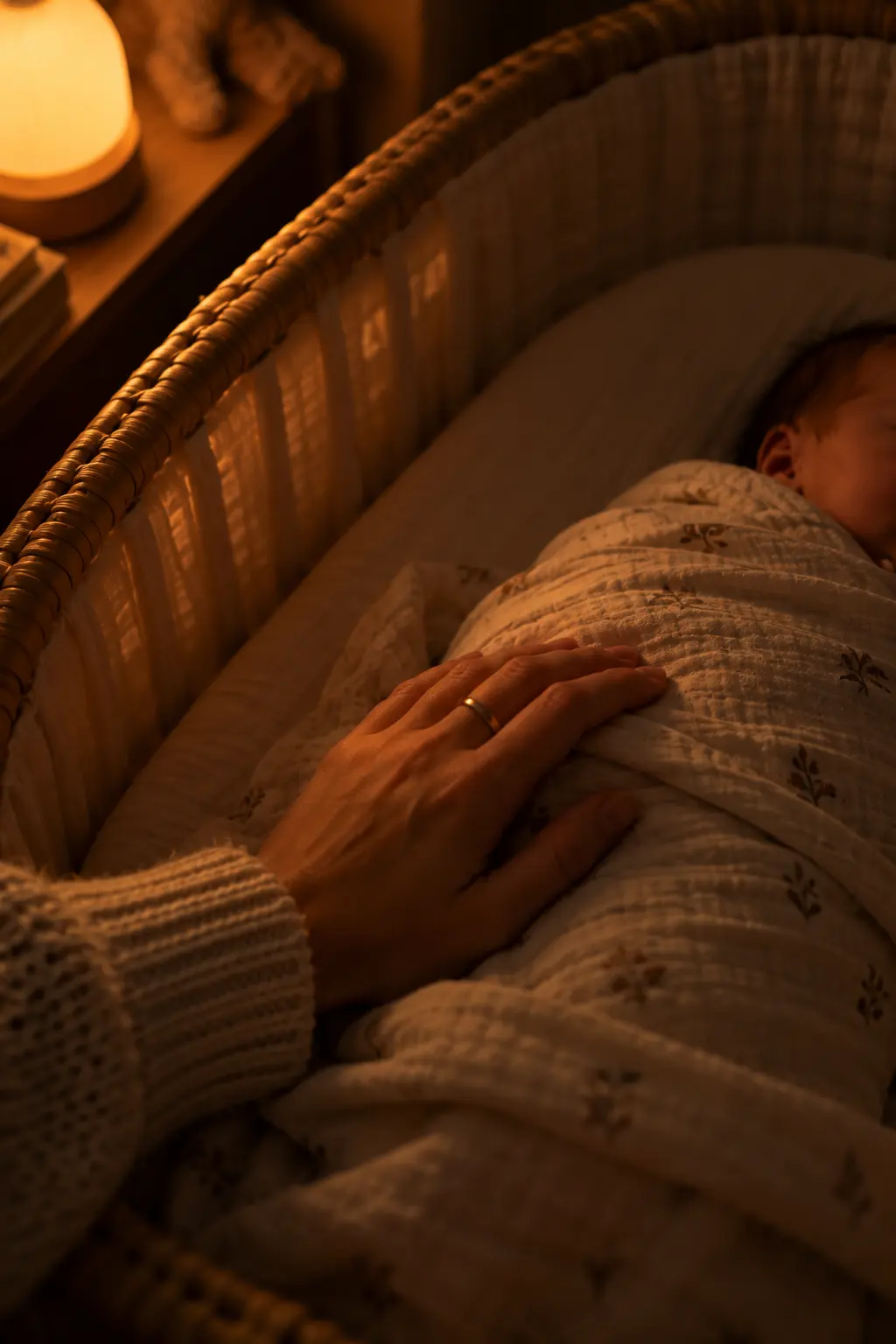 A parent's hand resting on a swaddled newborn asleep in a bassinet by the glow of a nightlight