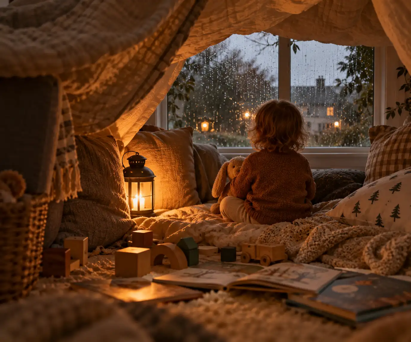 Toddler seen from behind in a blanket fort, watching rain at the window by lantern light