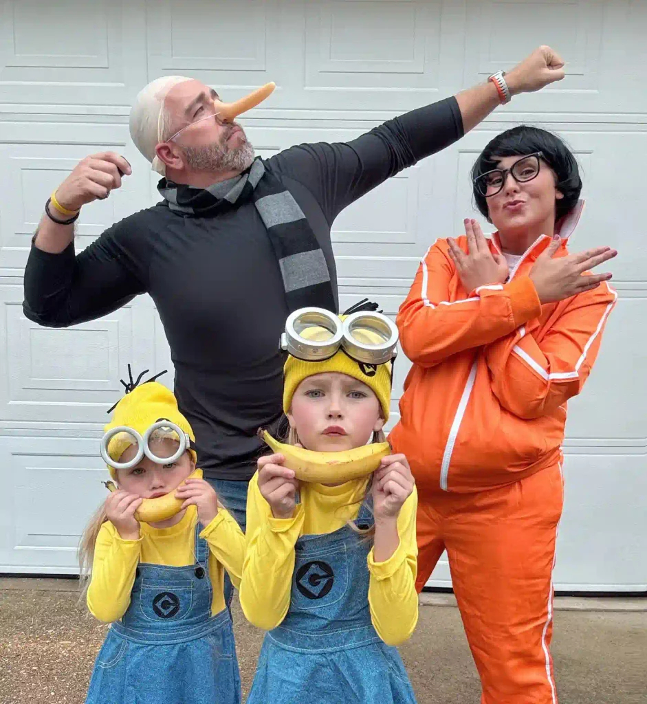 Gru, Vector, and Two Minions Holding Banana Smiles
