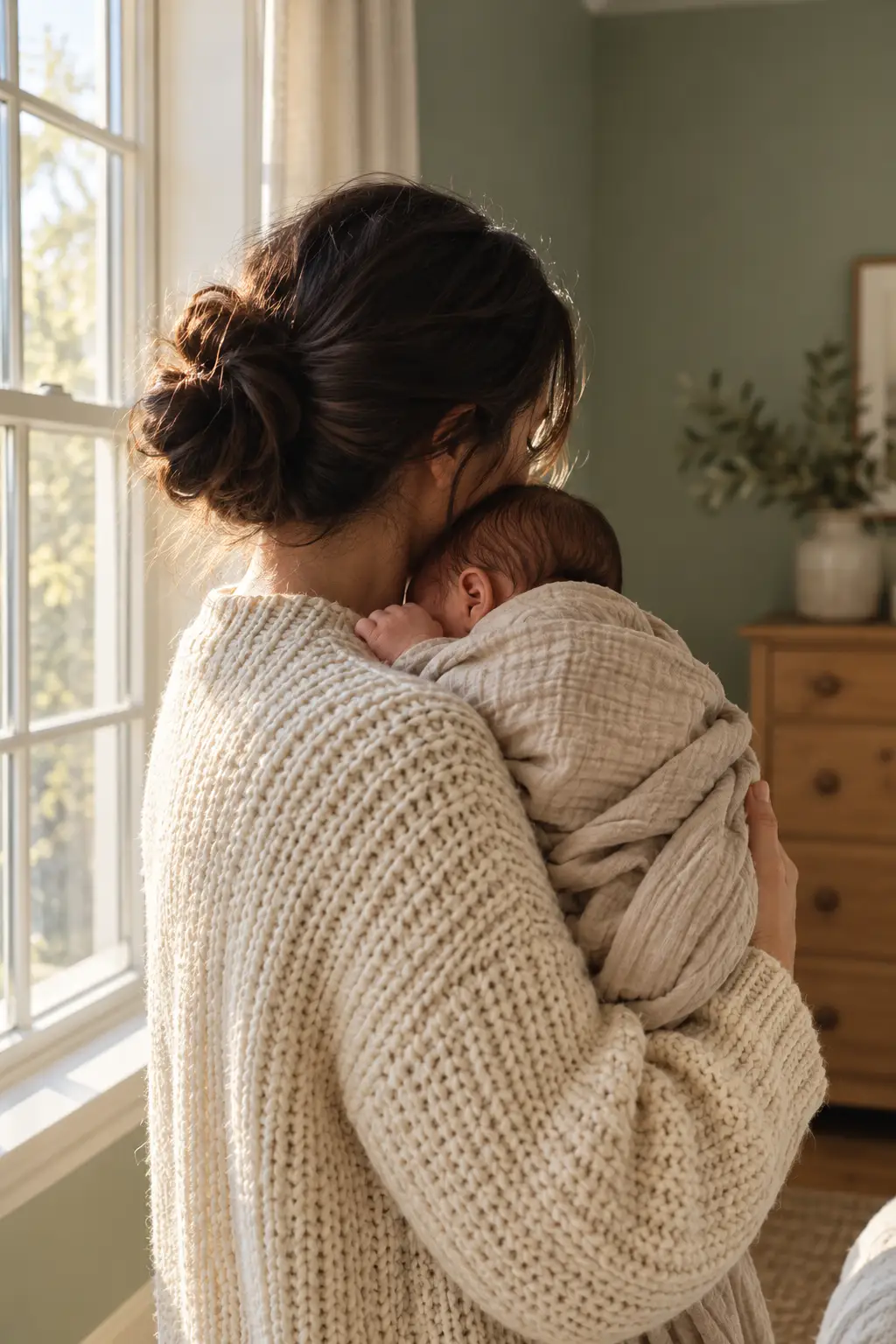 Parent in a cream knit cardigan holding a sleeping newborn wrapped in a muslin by a sunny window