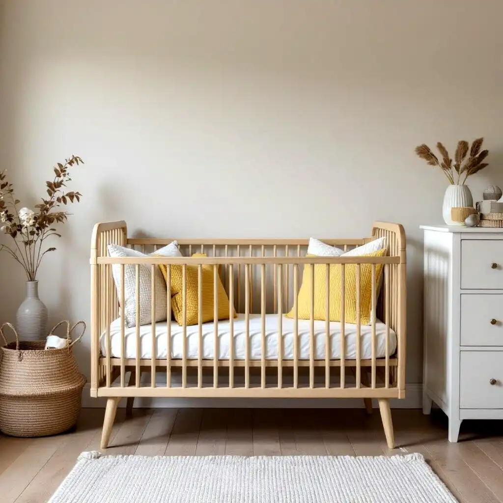 Light wood spindle crib against an oatmeal wall with two mustard pillows and dried grasses in a vase