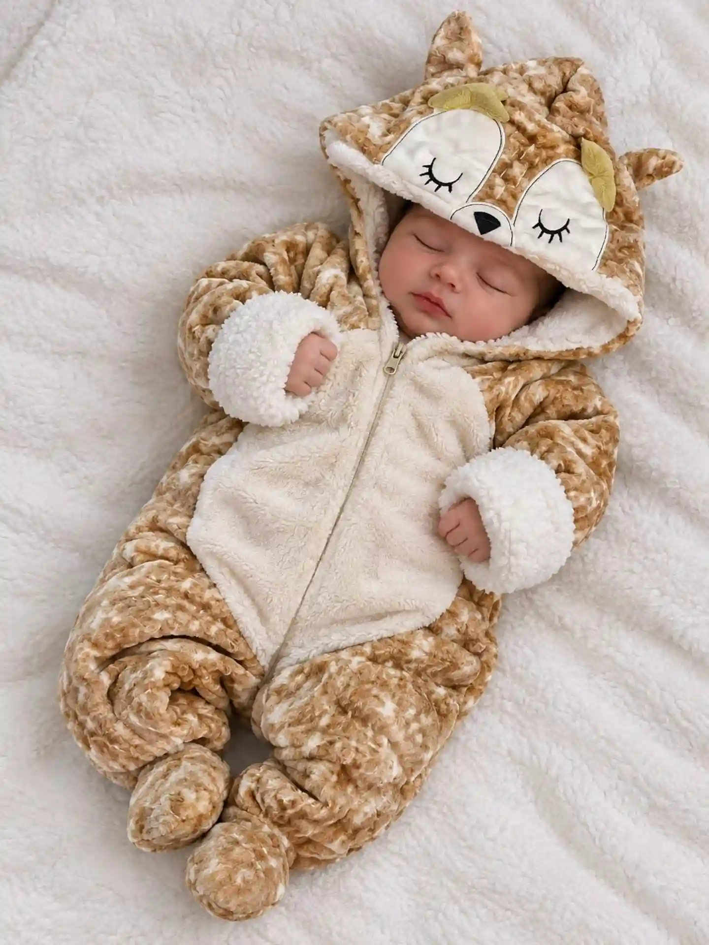Sleeping newborn in a tan and cream plush hooded suit with ears