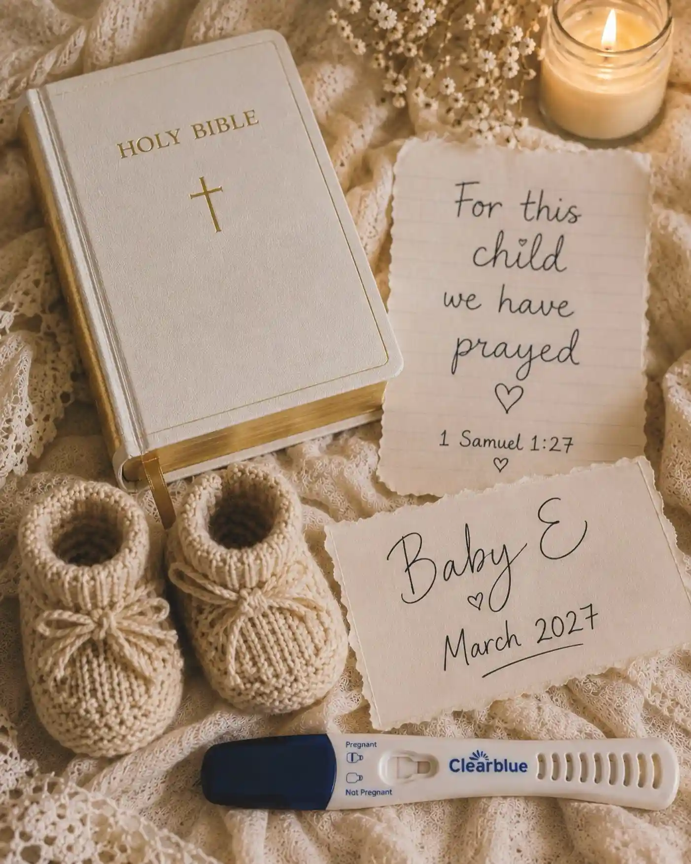 Flat lay on a cream lace blanket with a white Bible, cream knit booties, two torn edge cards with a handwritten verse, a lit candle, dried baby's breath and a pregnancy test