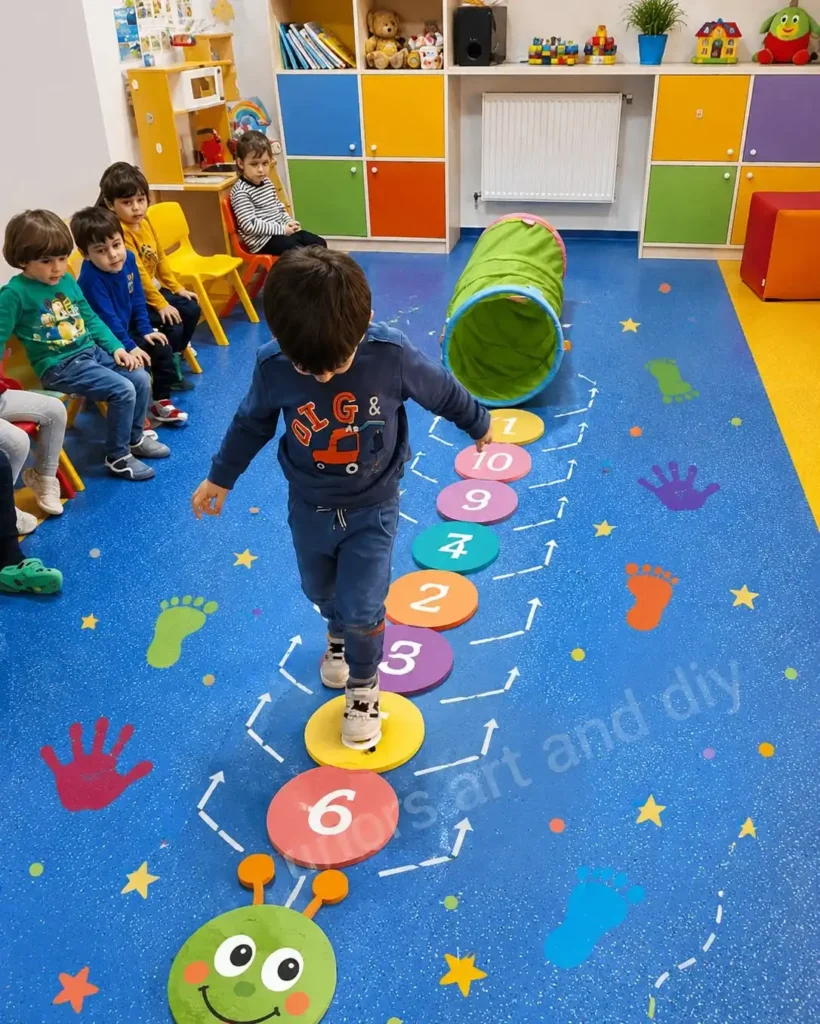 Child hopping along numbered discs on the floor toward a smiling caterpillar face and a play tunnel