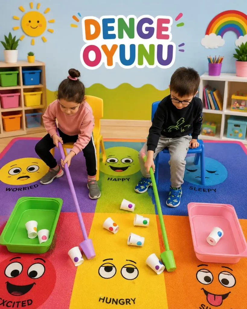 Two children seated on chairs sweeping paper cups across a feelings face rug into bins with long sticks