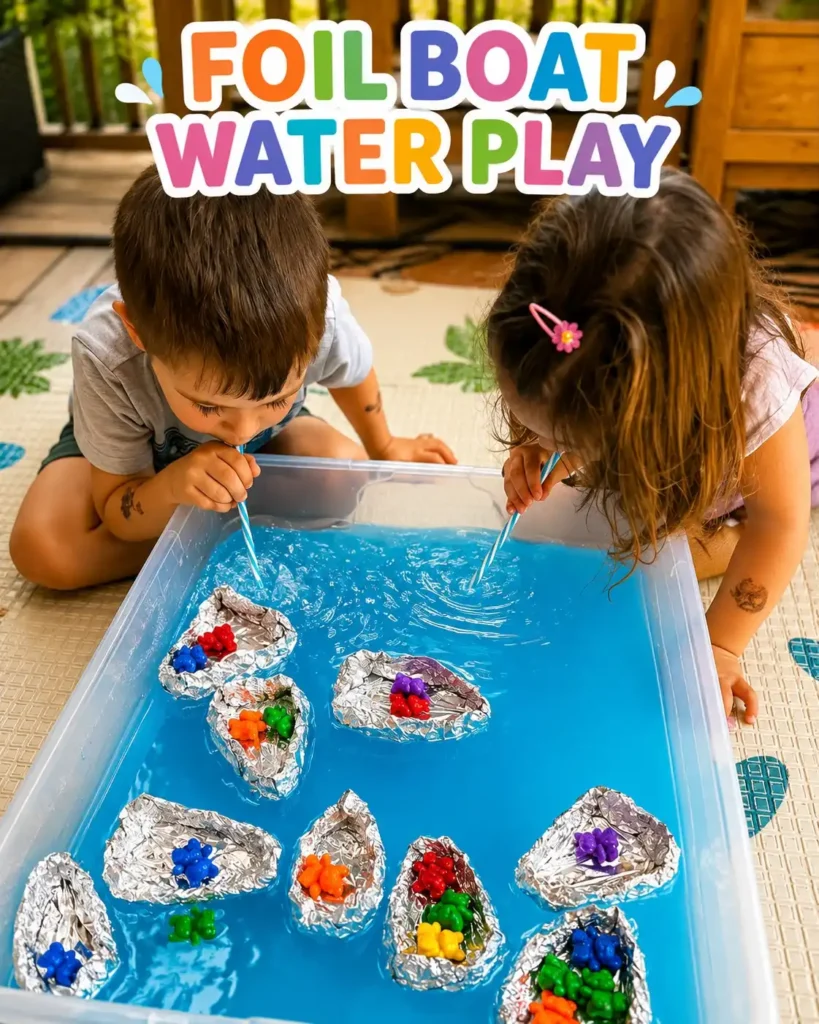Two children blowing foil boats loaded with counting bears across a tub of blue water with straws