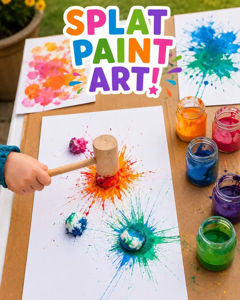 Child tapping a paint covered ball with a small wooden mallet to make colorful splat paintings on white paper