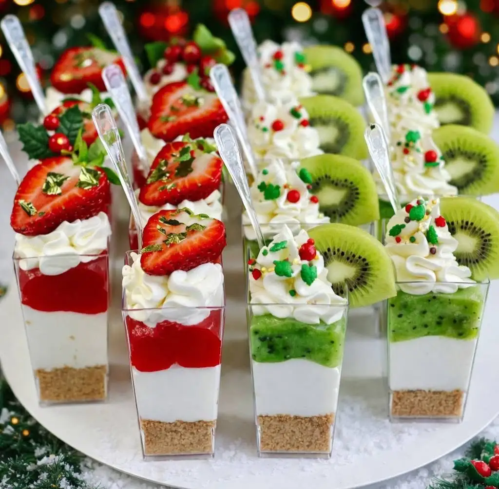 Plate of Christmas cakesicles on wooden sticks shaped like red candy cane bars, gingerbread men, snowmen in hats and white trees with green sprinkles