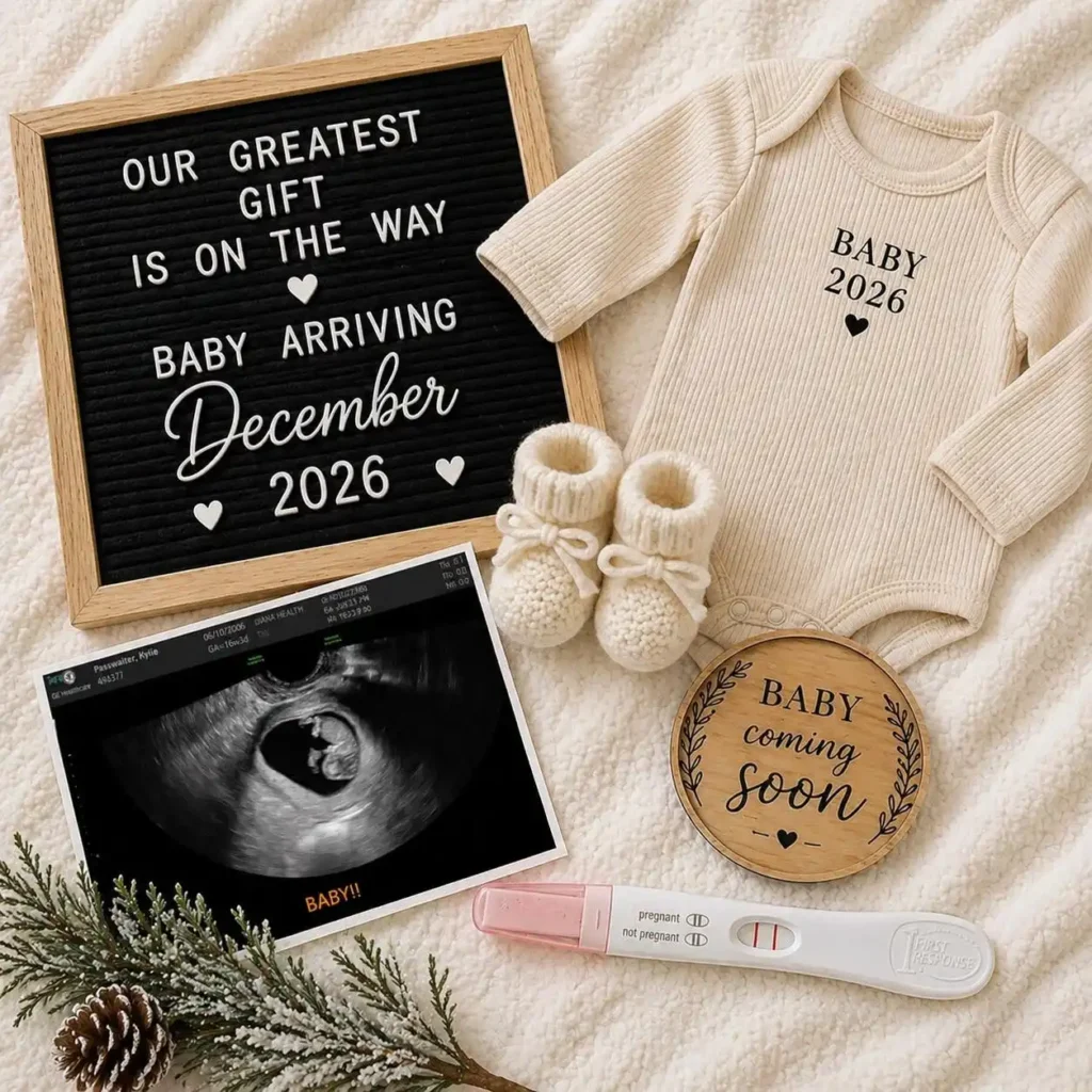 Flat lay with a letter board, cream bodysuit, knitted booties and ultrasound announcing a December 2026 baby