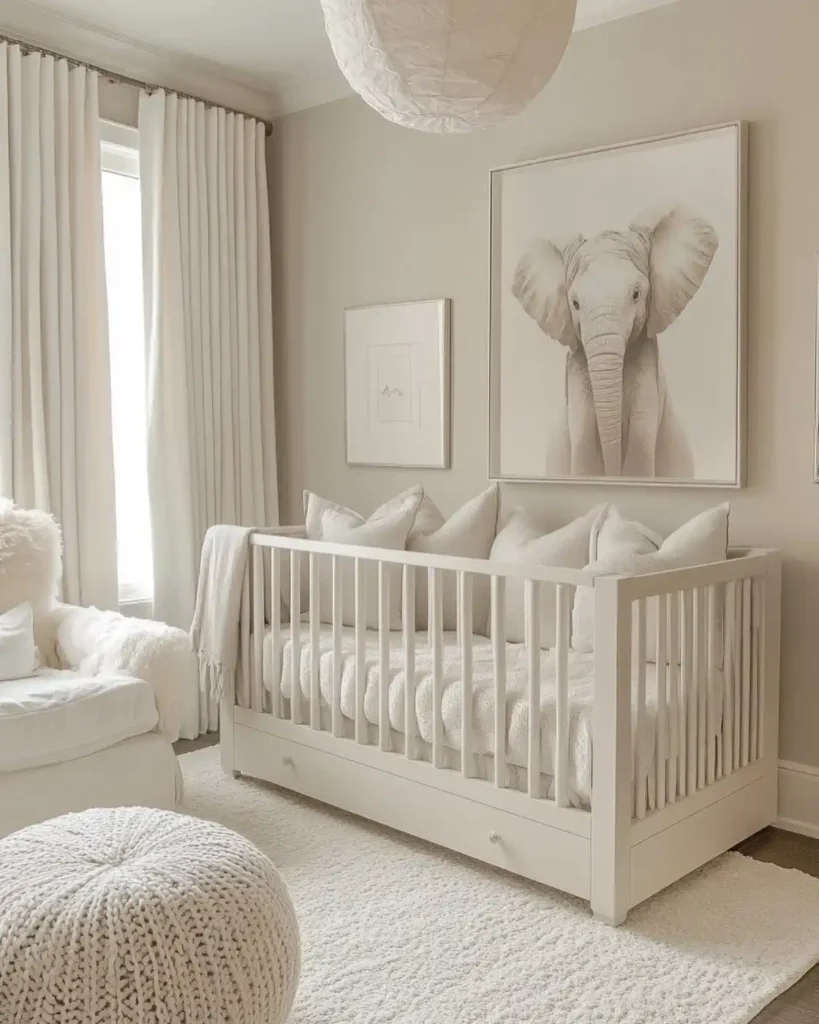 All cream nursery with taupe walls, white crib, shaggy rug, knit pouf and a large baby elephant print