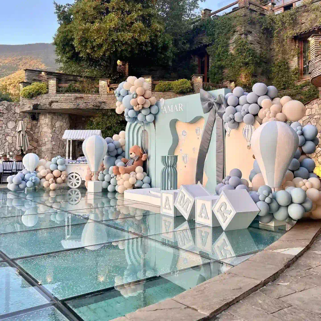 Hot Air Balloons and Alphabet Blocks Make a Dreamy First Birthday Party Theme