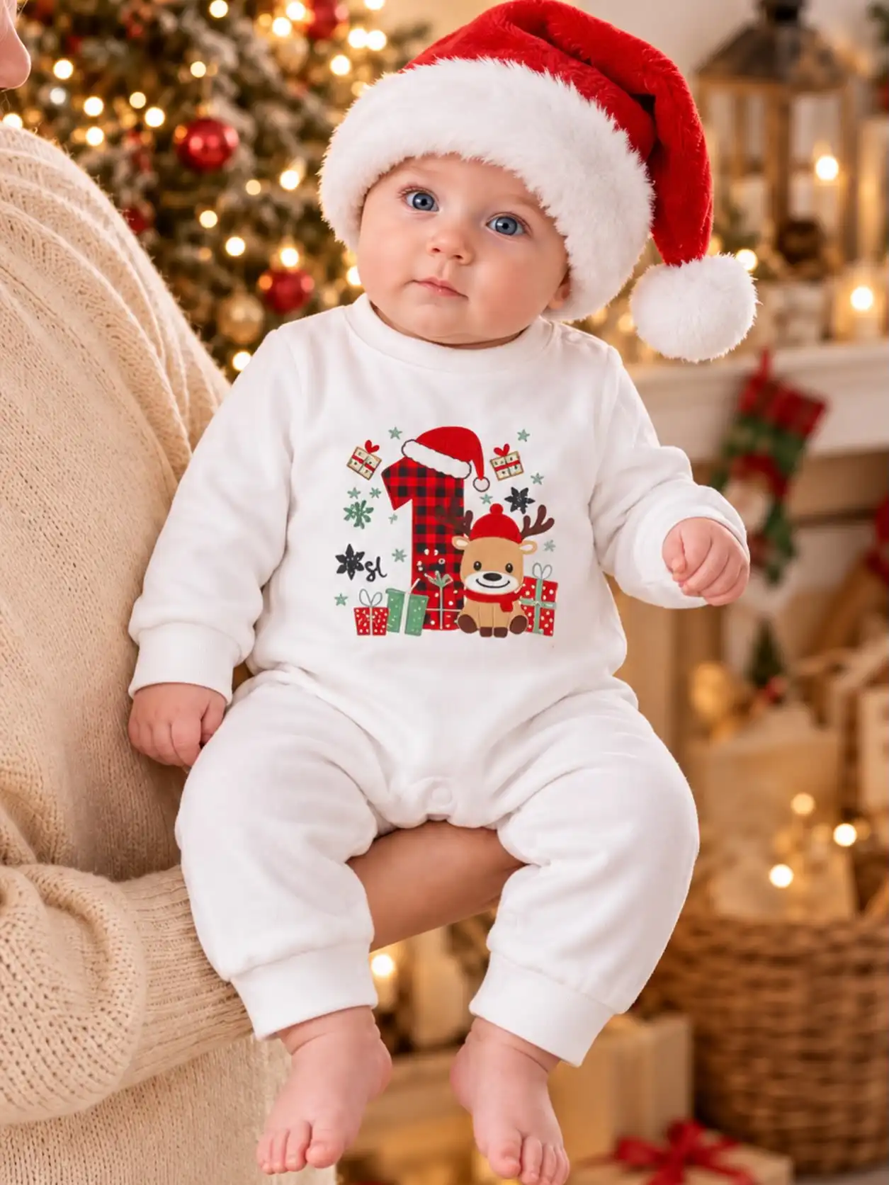 Baby in a white fleece romper with a red buffalo plaid number 1 in a Santa hat and a plush red Santa hat, held in front of a lit tree and plaid stocking