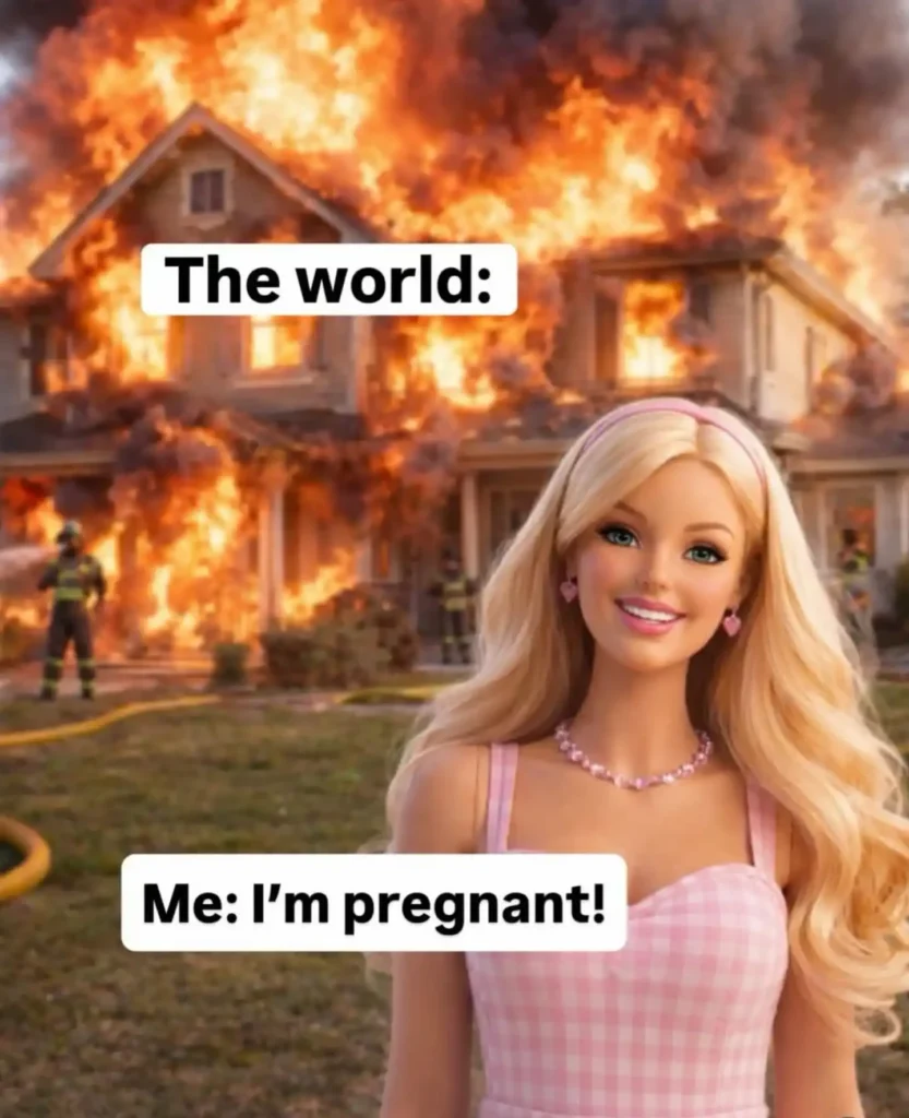 Blonde doll-style woman in a pink gingham dress smiling in front of a burning house with firefighters, with captions reading "The world:" and "Me: I'm pregnant!"