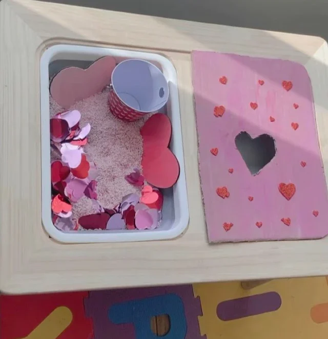 Heart Confetti Rice Bin With a Cardboard Heart Slot