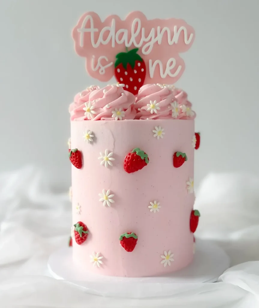 Strawberries and Daisies Dotted Over a Pink Cake