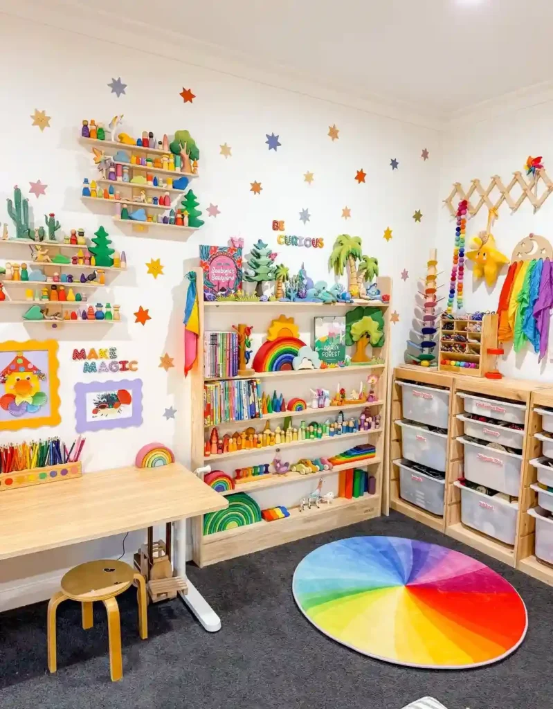 Playroom corner with wooden people and animals lined up by color on open wall shelves, a tall frame of pale labeled bins and a round rainbow rug