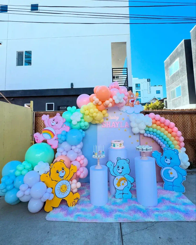 Care Bears and a Balloon Rainbow, Minus the Hot Pink