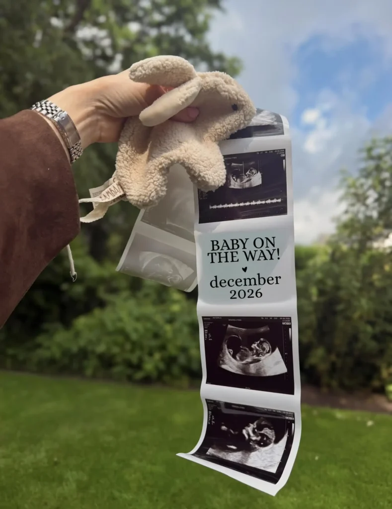 Hand holding a fleece bunny and a strip of ultrasounds that says baby on the way December 2026