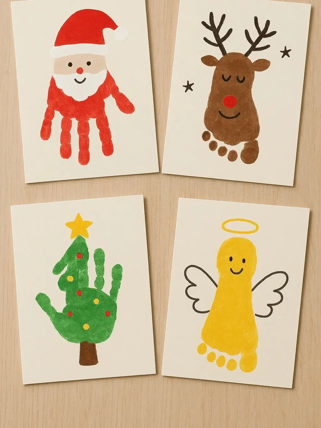 Four cream cards on a wood table showing a handprint Santa, a footprint reindeer with a red nose, a handprint Christmas tree with a star, and a footprint angel with a halo and wings.