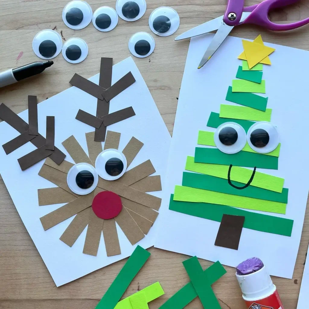 Paper strip reindeer card and christmas tree card with googly eyes, a red nose and a yellow star