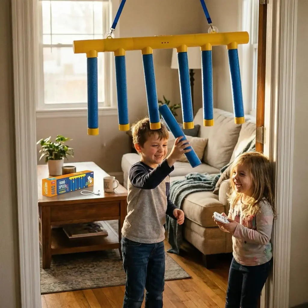 Boy catching a falling blue foam stick in a doorway reaction game while his sister laughs holding the remote