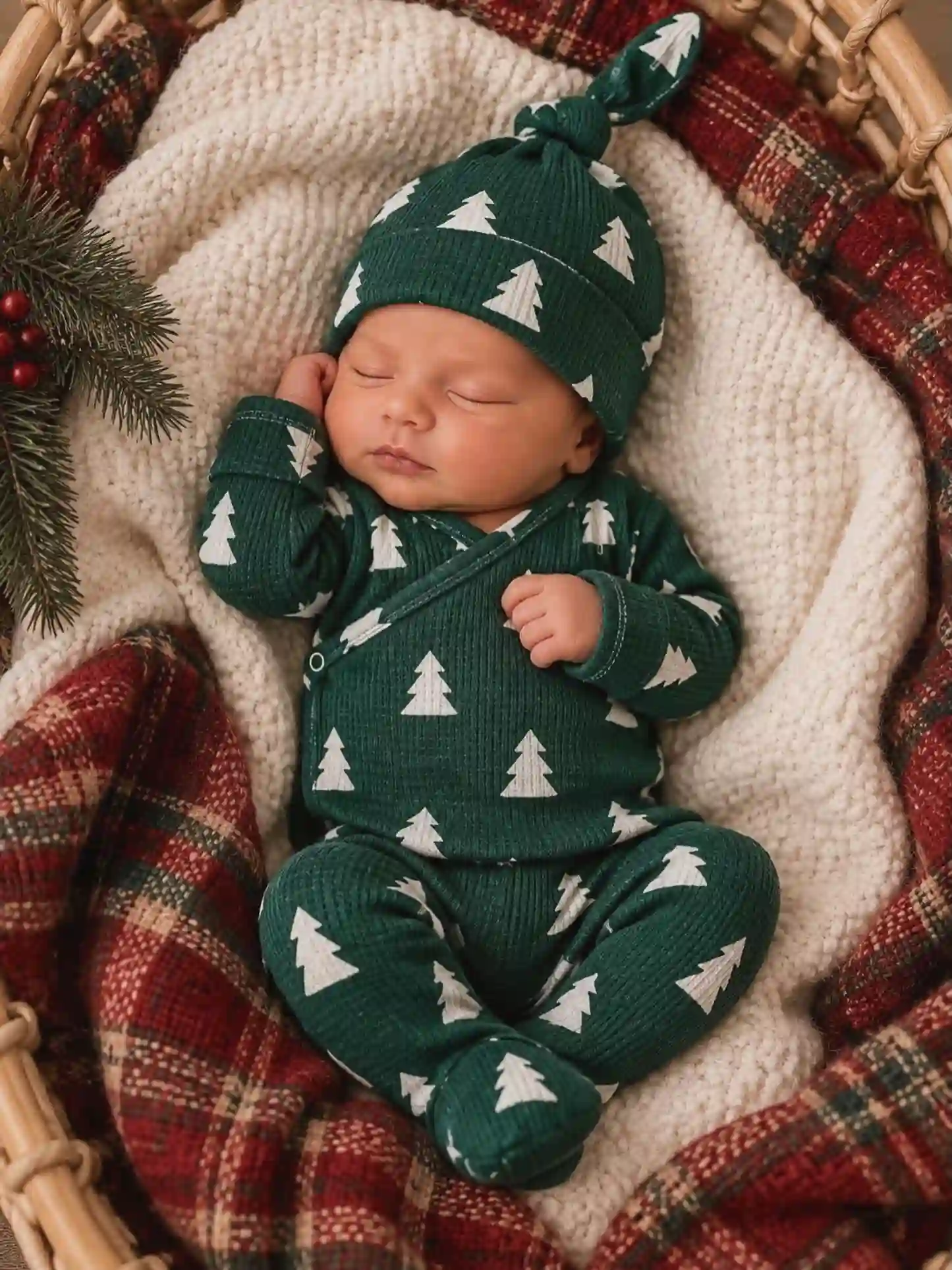 Newborn in a green waffle knit tree print set in a rattan basket with a cream blanket, red plaid throw and a pine sprig with red berries